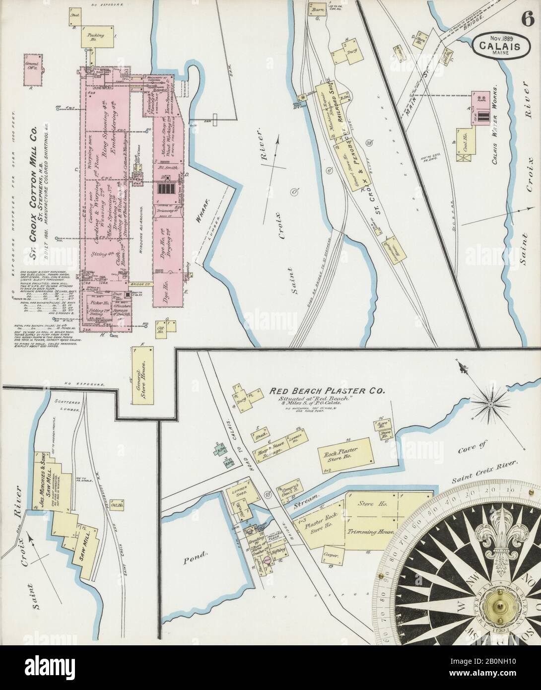 Image 6 of Sanborn Fire Insurance Map from Calais, Washington County, Maine. Nov 1889. 8 Sheet(s), America, street map with a Nineteenth Century compass Stock Photo