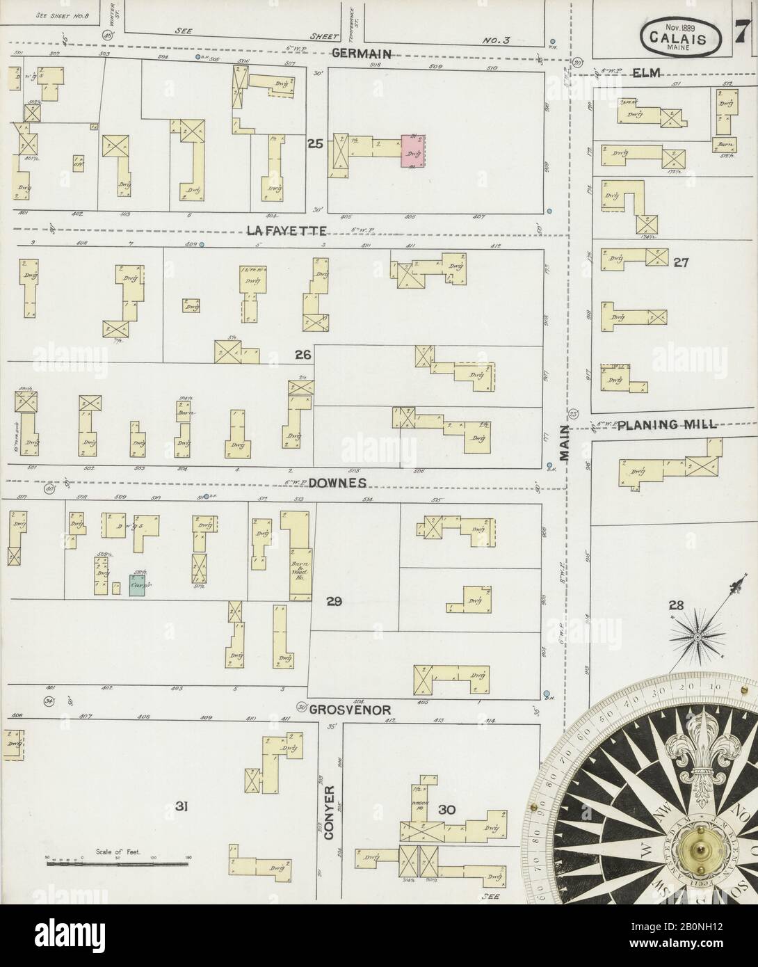 Image 7 of Sanborn Fire Insurance Map from Calais, Washington County, Maine. Nov 1889. 8 Sheet(s), America, street map with a Nineteenth Century compass Stock Photo