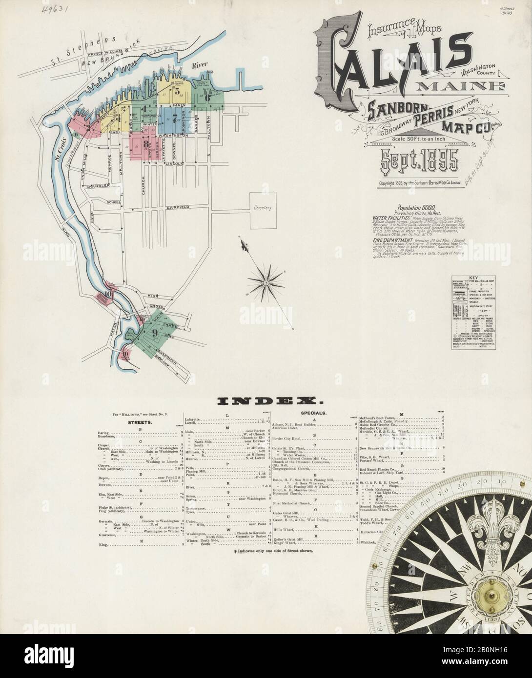 Image 1 of Sanborn Fire Insurance Map from Calais, Washington County, Maine. Sep 1895. 10 Sheet(s), America, street map with a Nineteenth Century compass Stock Photo