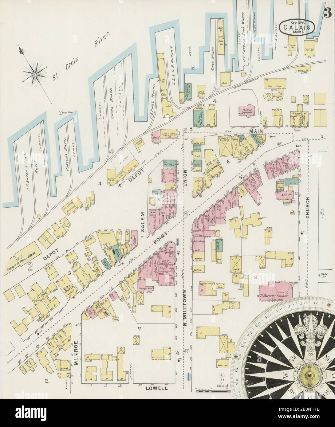 Image 3 of Sanborn Fire Insurance Map from Calais, Washington County, Maine. Sep 1895. 10 Sheet(s), America, street map with a Nineteenth Century compass Stock Photo