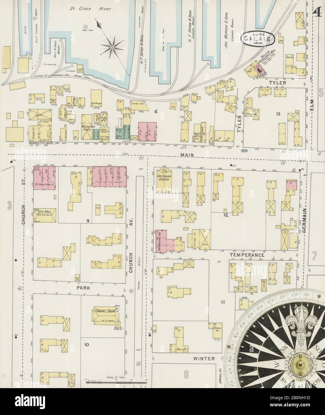 Image 4 of Sanborn Fire Insurance Map from Calais, Washington County, Maine. Sep 1895. 10 Sheet(s), America, street map with a Nineteenth Century compass Stock Photo