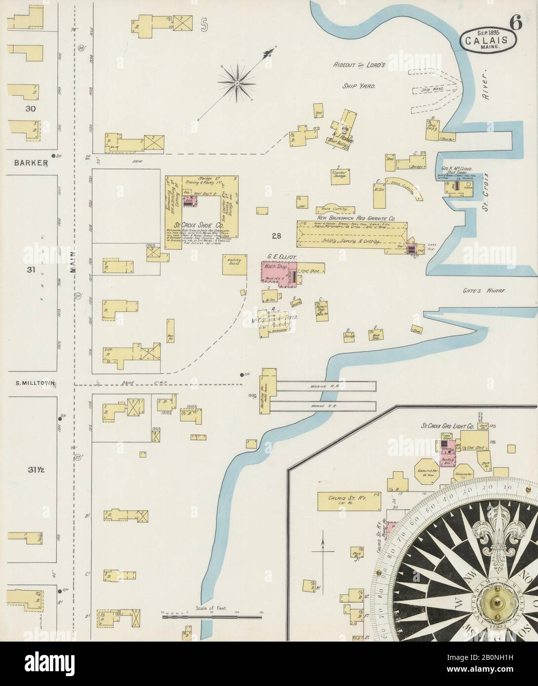 Image 6 of Sanborn Fire Insurance Map from Calais, Washington County, Maine. Sep 1895. 10 Sheet(s), America, street map with a Nineteenth Century compass Stock Photo