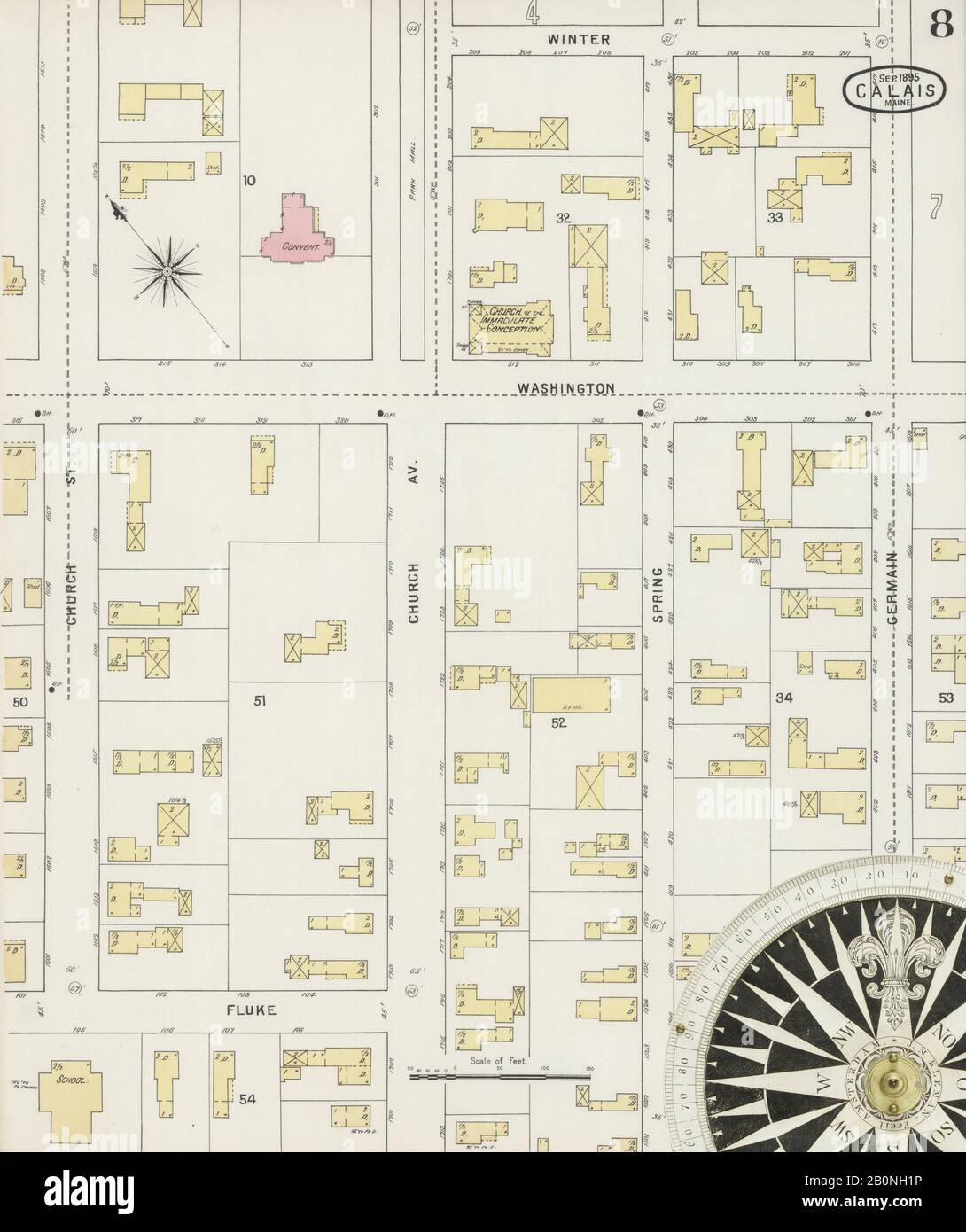 Image 8 of Sanborn Fire Insurance Map from Calais, Washington County, Maine. Sep 1895. 10 Sheet(s), America, street map with a Nineteenth Century compass Stock Photo