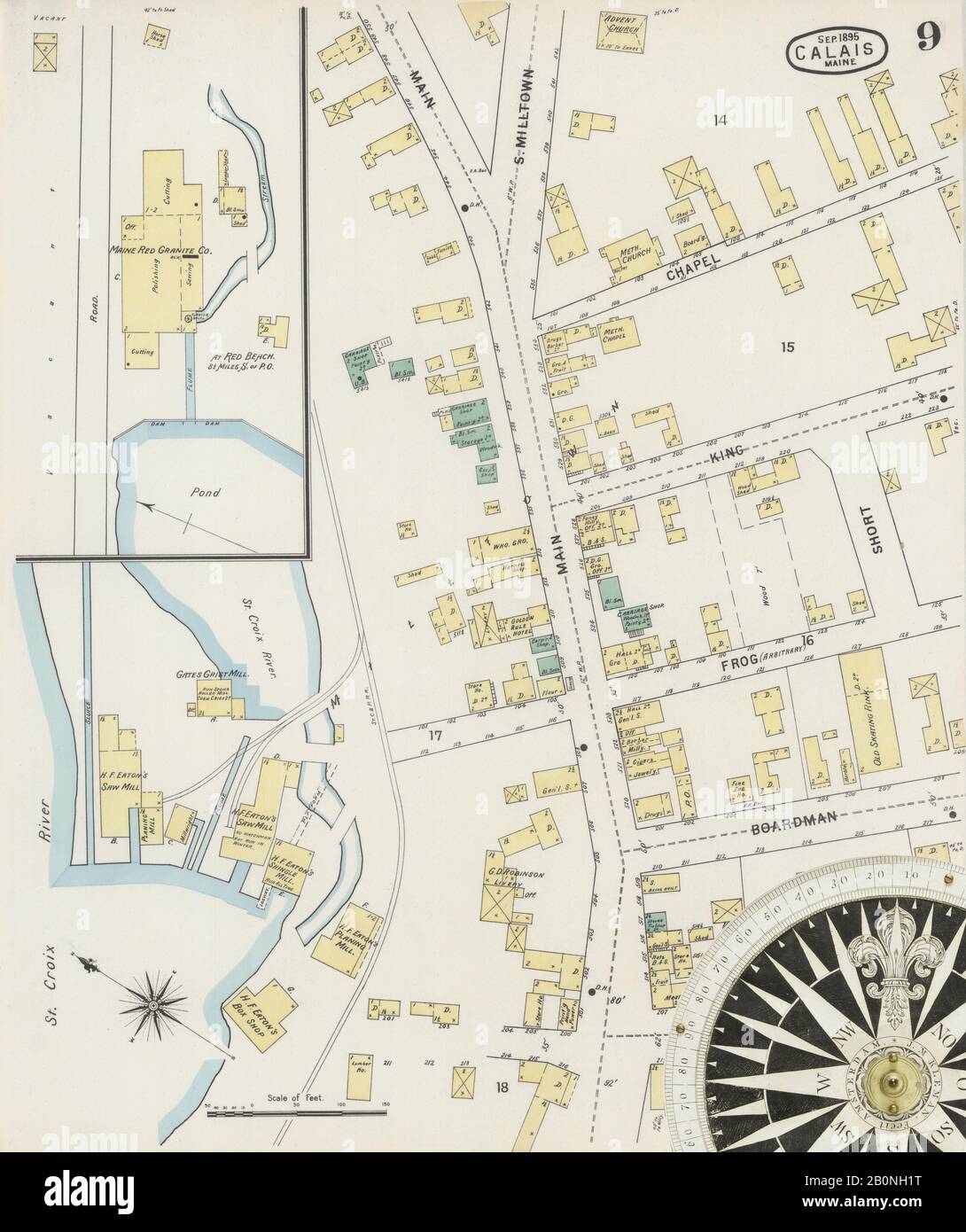 Image 9 of Sanborn Fire Insurance Map from Calais, Washington County, Maine. Sep 1895. 10 Sheet(s), America, street map with a Nineteenth Century compass Stock Photo