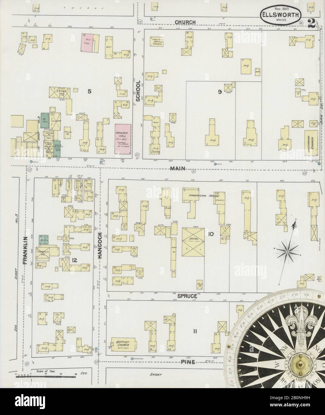 Image 2 of Sanborn Fire Insurance Map from Ellsworth, Hancock County, Maine. Nov 1889. 3 Sheet(s), America, street map with a Nineteenth Century compass Stock Photo
