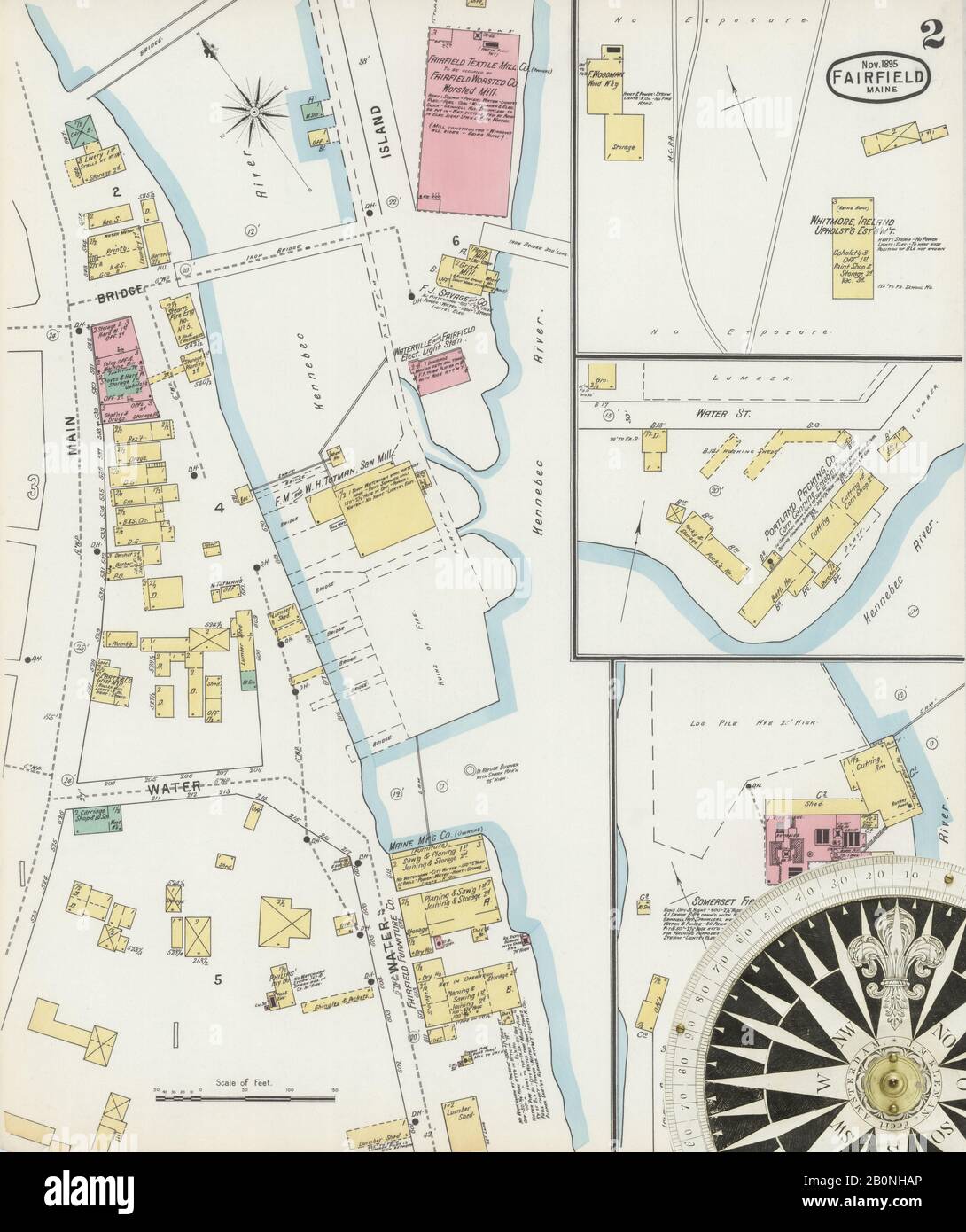 Image 2 of Sanborn Fire Insurance Map from Fairfield, Somerset County, Maine. Nov 1895. 3 Sheet(s), America, street map with a Nineteenth Century compass Stock Photo