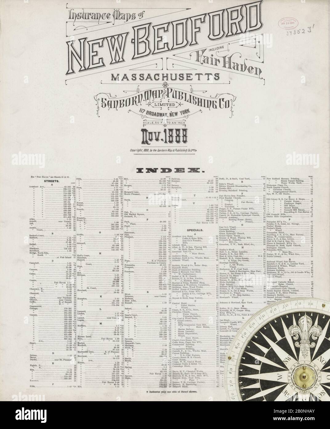 Image 33 of Sanborn Fire Insurance Map from New Bedford, Bristol County, Massachusetts. Nov 1888. 32 Sheet(s). Includes Fairhaven, America, street map with a Nineteenth Century compass Stock Photo