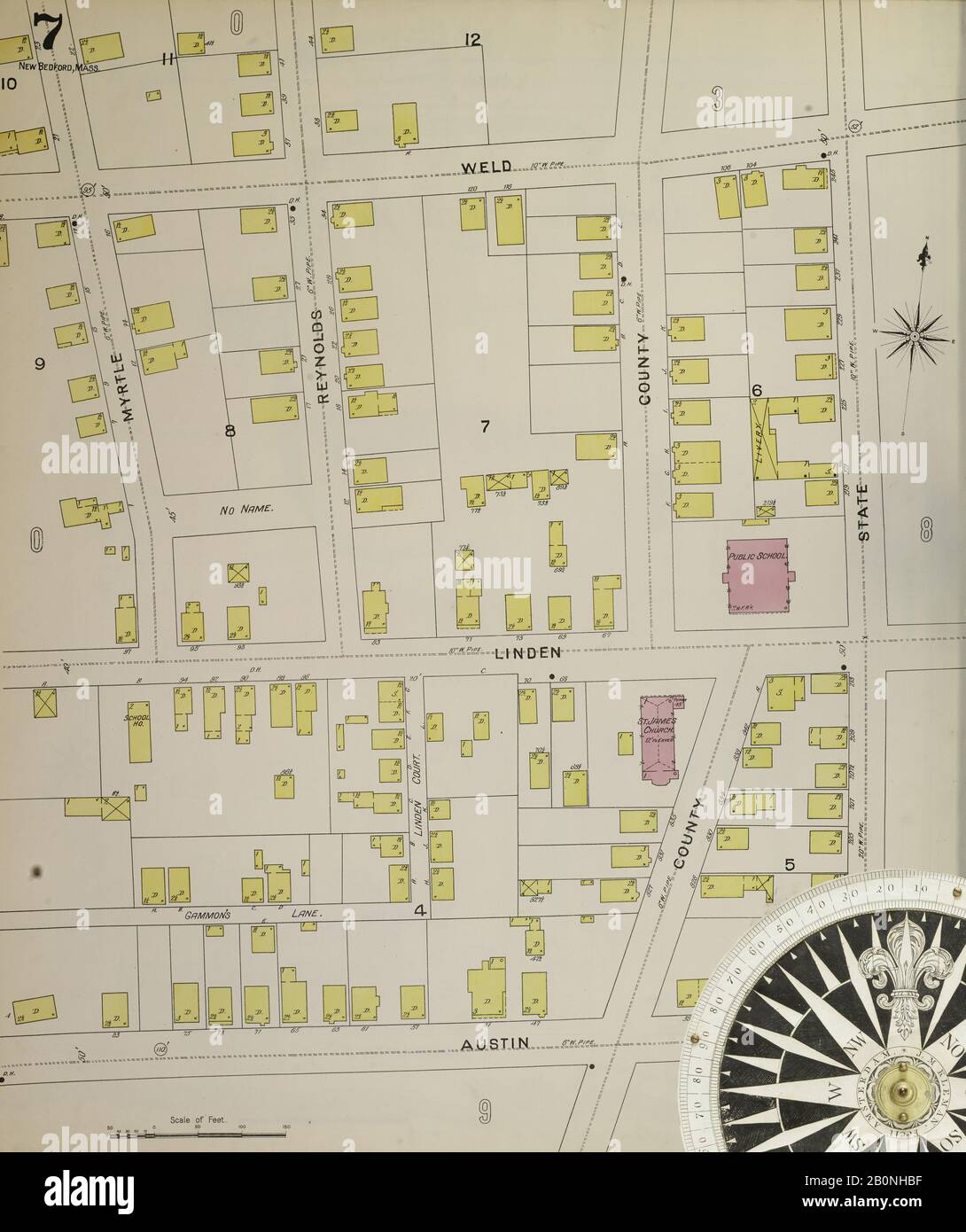 Image 8 of Sanborn Fire Insurance Map from New Bedford, Bristol County, Massachusetts. 1893. 61 Sheet(s). Includes Fairhaven. Bound, America, street map with a Nineteenth Century compass Stock Photo