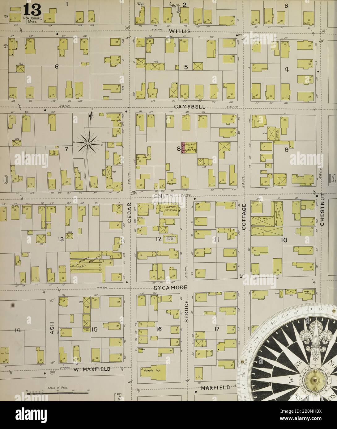 Image 14 of Sanborn Fire Insurance Map from New Bedford, Bristol County, Massachusetts. 1893. 61 Sheet(s). Includes Fairhaven. Bound, America, street map with a Nineteenth Century compass Stock Photo