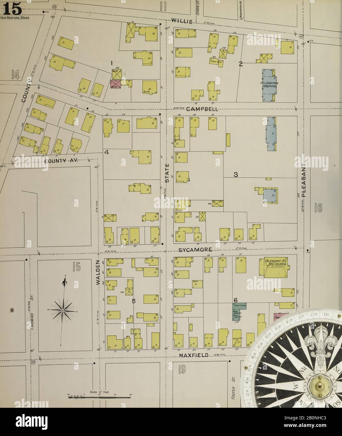 Image 16 of Sanborn Fire Insurance Map from New Bedford, Bristol County, Massachusetts. 1893. 61 Sheet(s). Includes Fairhaven. Bound, America, street map with a Nineteenth Century compass Stock Photo
