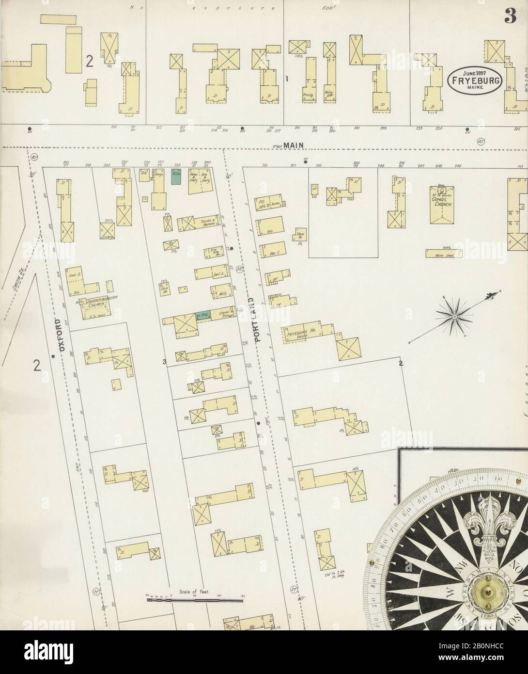 Image 3 of Sanborn Fire Insurance Map from Fryeburg, Oxford County, Maine. Jun 1897. 3 Sheet(s), America, street map with a Nineteenth Century compass Stock Photo