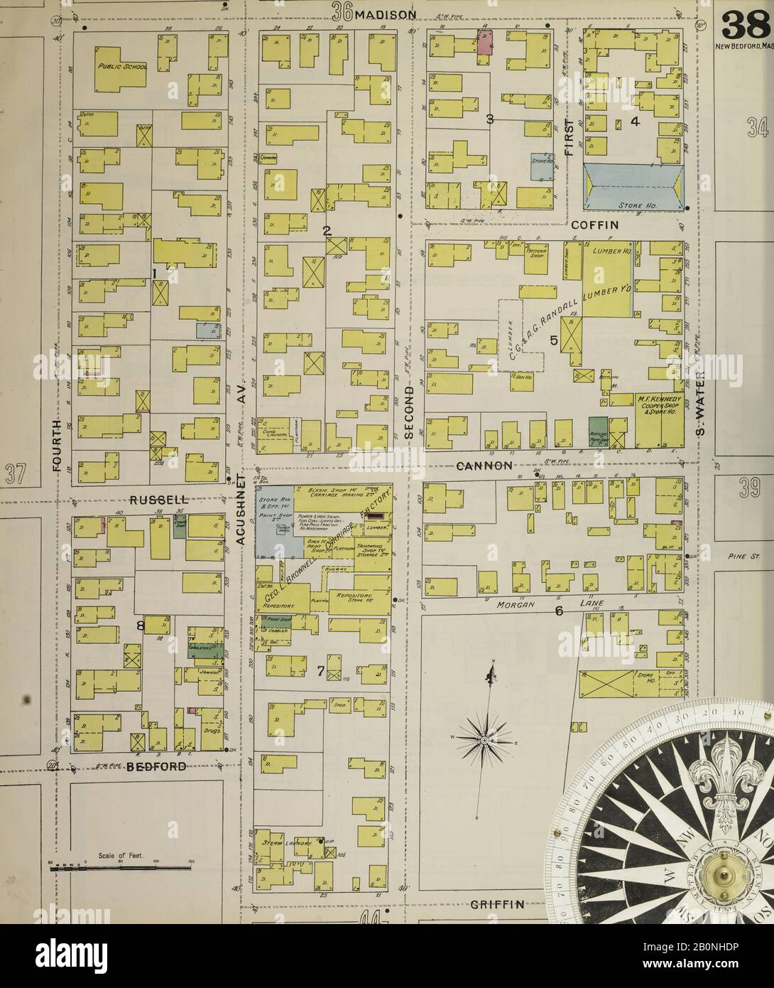 Image 39 of Sanborn Fire Insurance Map from New Bedford, Bristol County, Massachusetts. 1893. 61 Sheet(s). Includes Fairhaven. Bound, America, street map with a Nineteenth Century compass Stock Photo