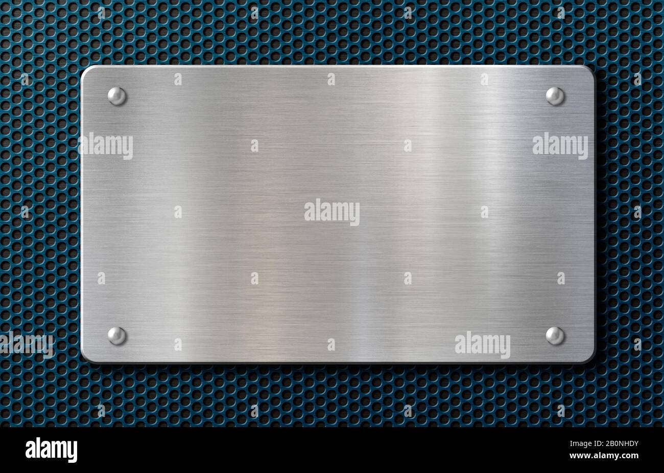 metal plaque or plate with rivets over blue background 3d illustration ...