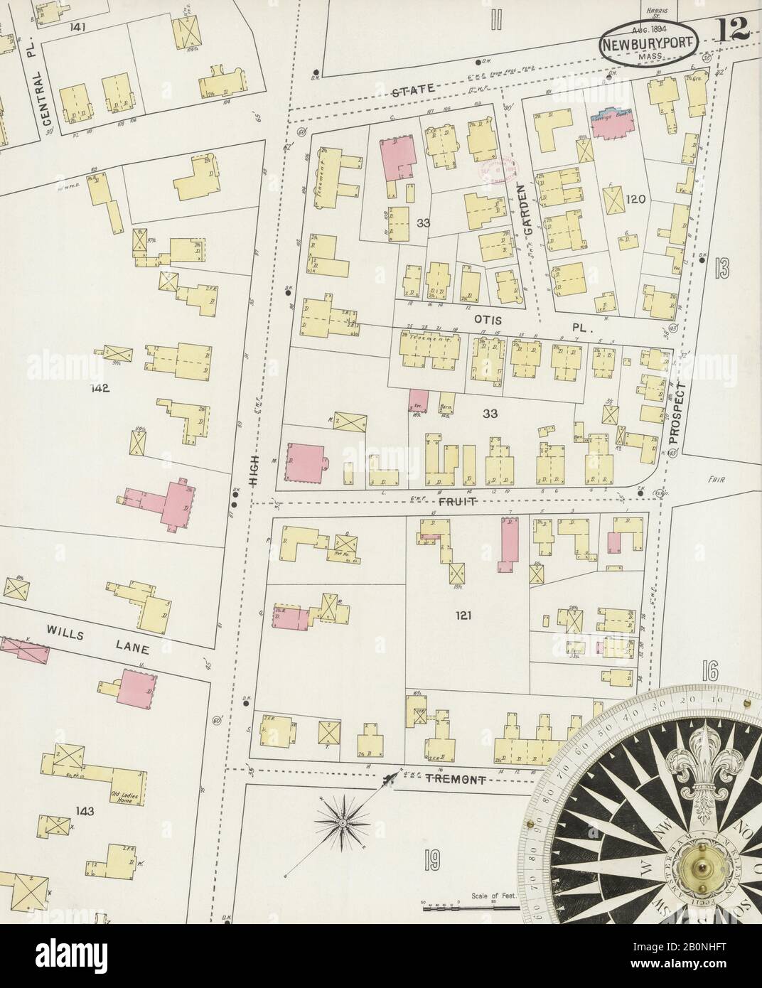 Image 12 of Sanborn Fire Insurance Map from Newburyport, Essex County, Massachusetts. Aug 1894. 20 Sheet(s), America, street map with a Nineteenth Century compass Stock Photo