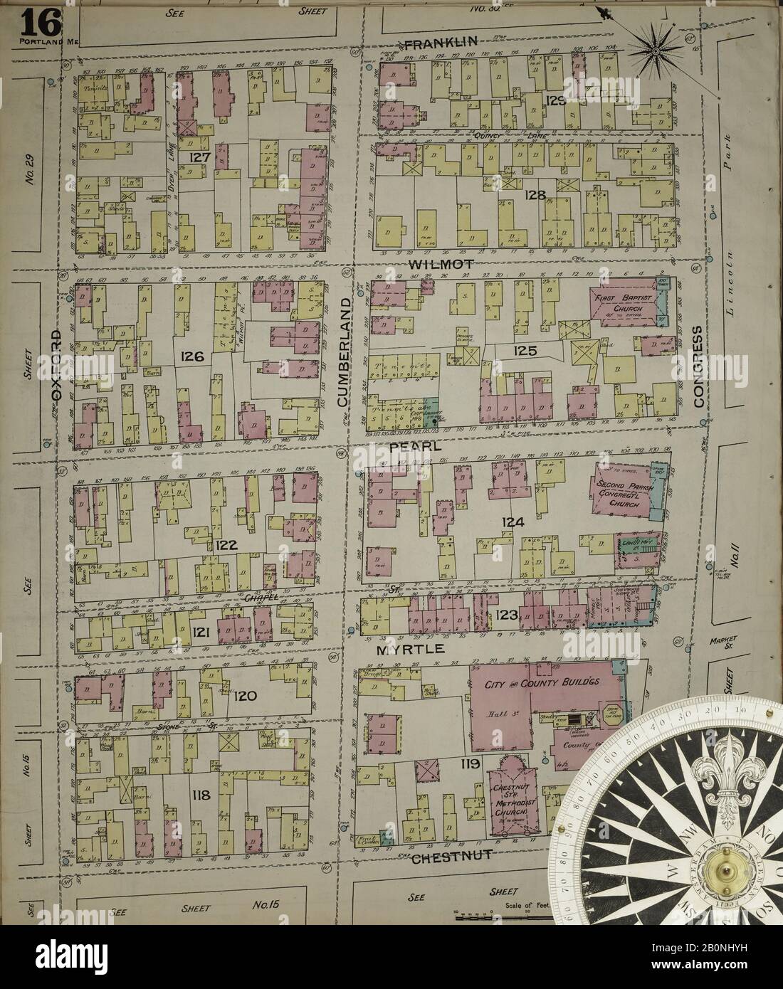 Image 16 of Sanborn Fire Insurance Map from Portland, Cumberland County, Maine. 1886. 35 Sheet(s). Bound, America, street map with a Nineteenth Century compass Stock Photo