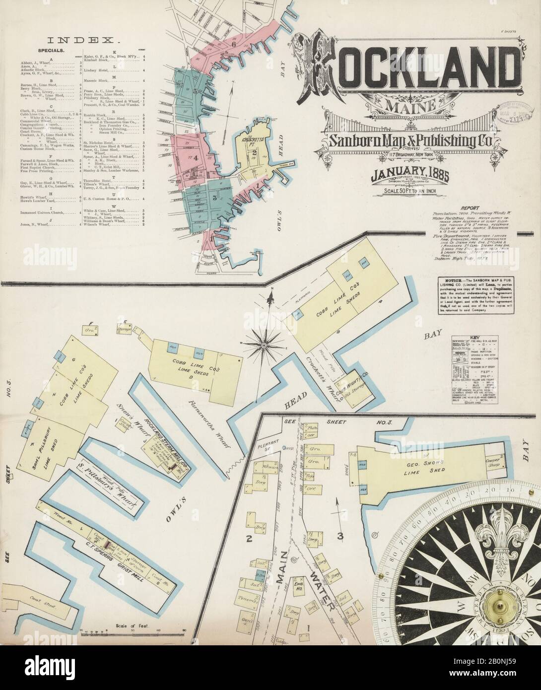 Image 1 of Sanborn Fire Insurance Map from Rockland, Knox County, Maine. Jan 1885. 6 Sheet(s), America, street map with a Nineteenth Century compass Stock Photo