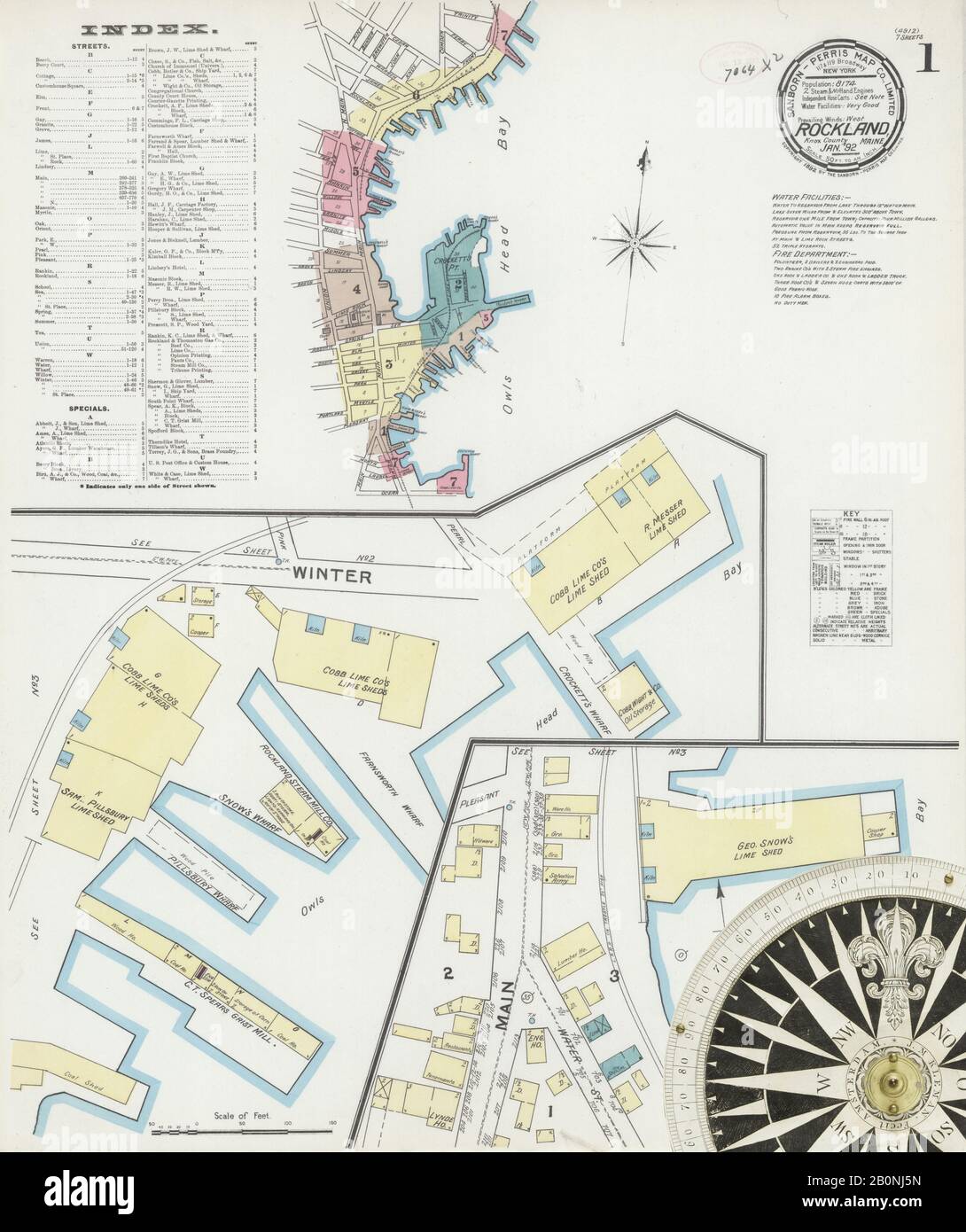 Image 1 of Sanborn Fire Insurance Map from Rockland, Knox County, Maine. Jan 1892. 7 Sheet(s), America, street map with a Nineteenth Century compass Stock Photo