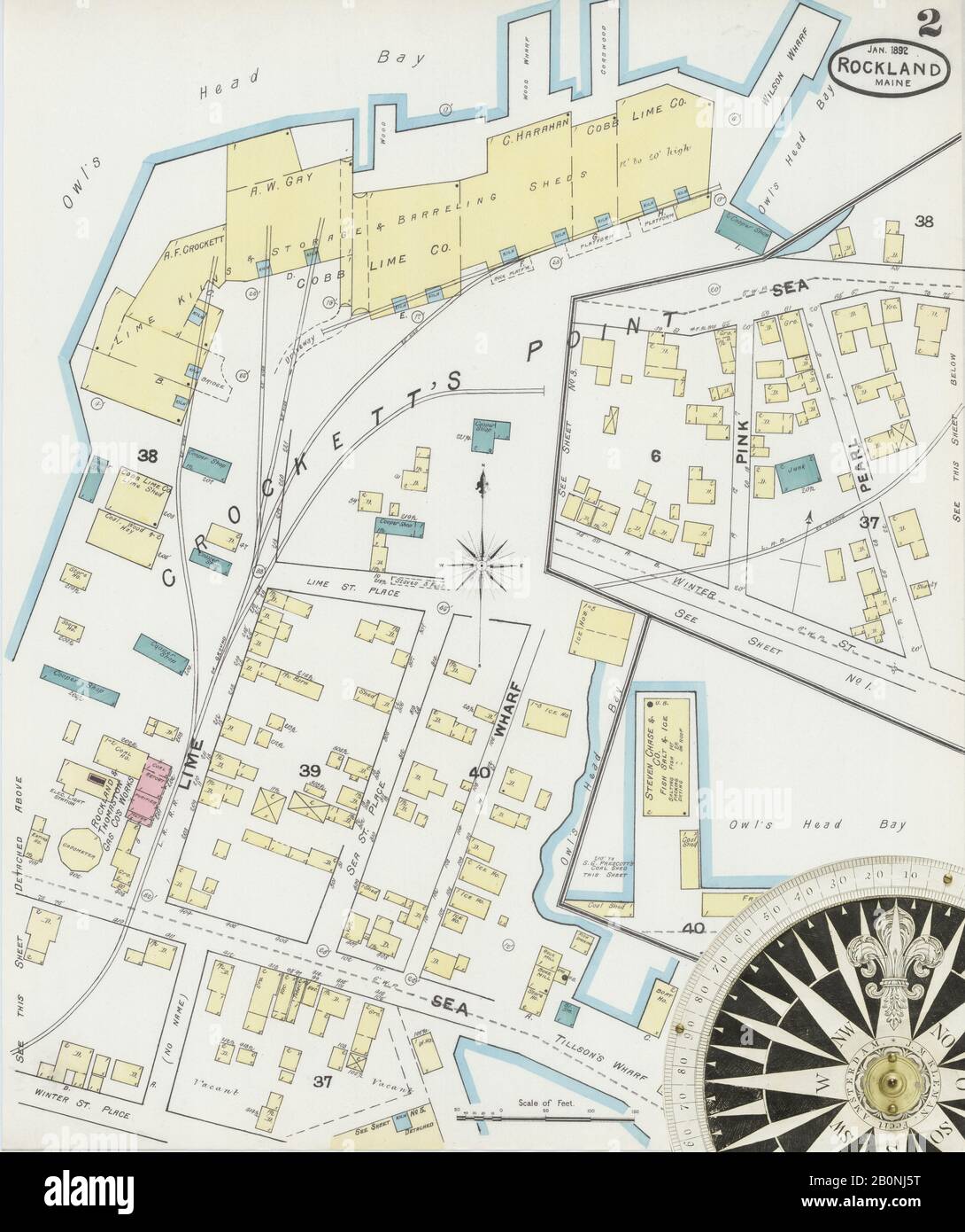 Image 2 of Sanborn Fire Insurance Map from Rockland, Knox County, Maine. Jan 1892. 7 Sheet(s), America, street map with a Nineteenth Century compass Stock Photo