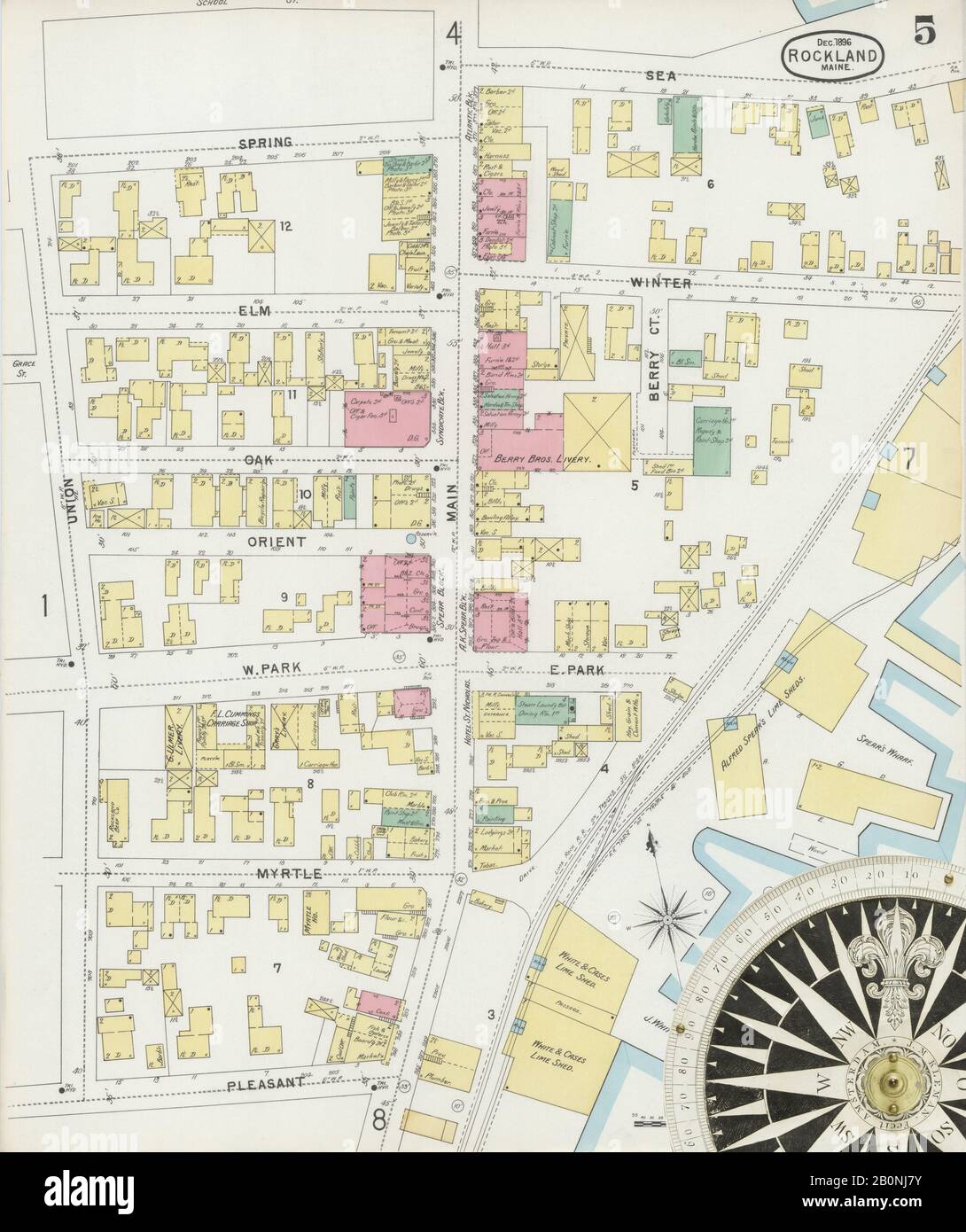 Image 5 of Sanborn Fire Insurance Map from Rockland, Knox County, Maine. Dec 1896. 9 Sheet(s), America, street map with a Nineteenth Century compass Stock Photo