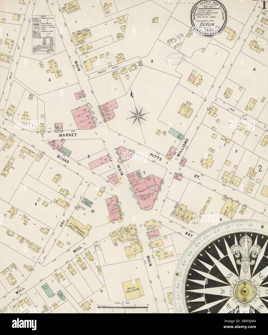 Image 1 of Sanborn Fire Insurance Map from Berlin, Worcester County, Maryland. Aug 1897. 2 Sheet(s), America, street map with a Nineteenth Century compass Stock Photo