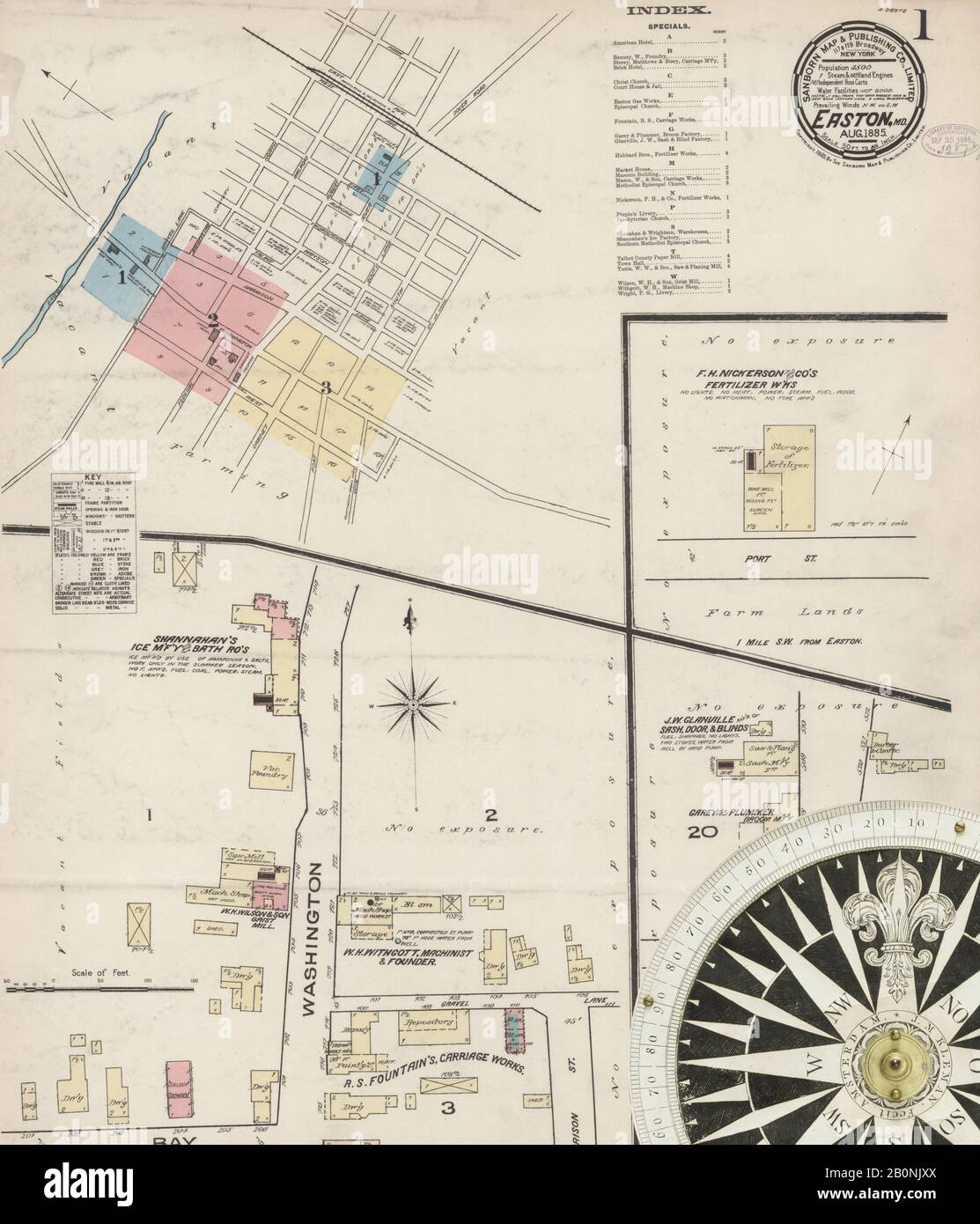 Image 1 of Sanborn Fire Insurance Map from Easton, Talbot County, Maryland. Aug 1885. 4 Sheet(s), America, street map with a Nineteenth Century compass Stock Photo