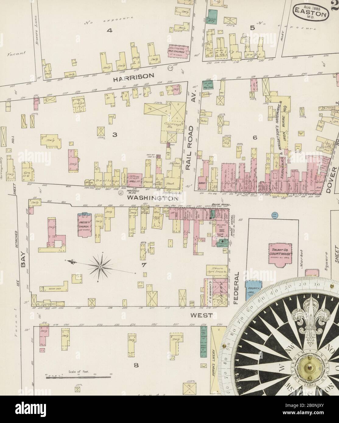 Image 2 of Sanborn Fire Insurance Map from Easton, Talbot County, Maryland. Aug 1885. 4 Sheet(s), America, street map with a Nineteenth Century compass Stock Photo