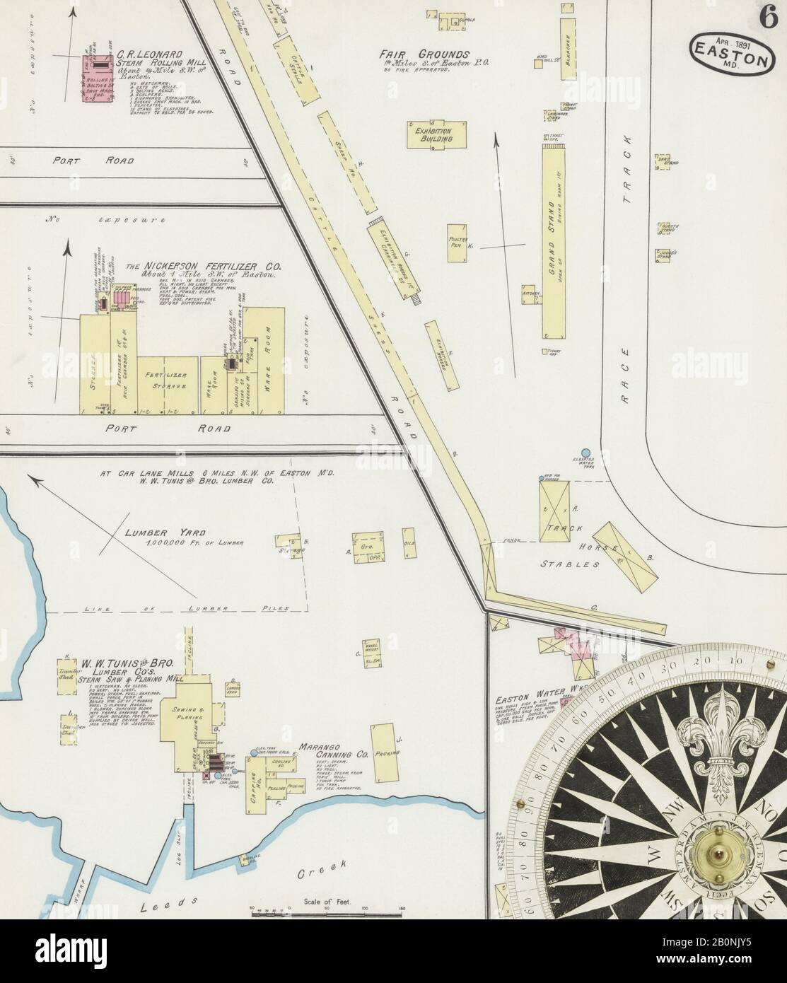 Image 6 of Sanborn Fire Insurance Map from Easton, Talbot County, Maryland. Apr 1891. 12 Sheet(s). Includes Saint Michaels, Oxford, Trappe, America, street map with a Nineteenth Century compass Stock Photo