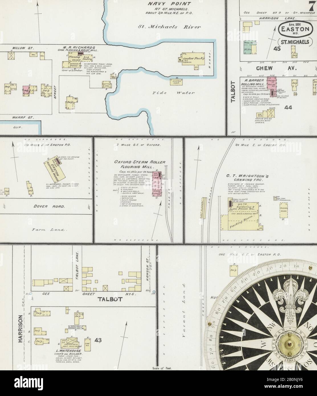 Image 7 of Sanborn Fire Insurance Map from Easton, Talbot County, Maryland. Apr 1891. 12 Sheet(s). Includes Saint Michaels, Oxford, Trappe, America, street map with a Nineteenth Century compass Stock Photo