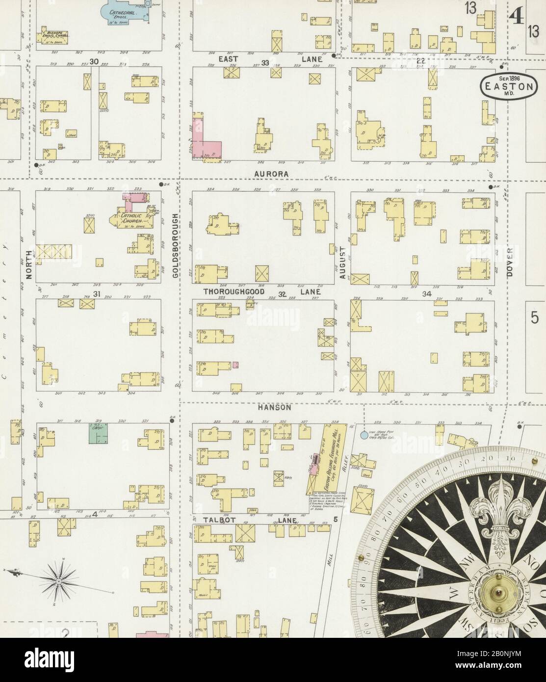 Image 4 of Sanborn Fire Insurance Map from Easton, Talbot County, Maryland. Sep 1896. 13 Sheet(s). Includes Saint Michaels, Oxford, Trappe, America, street map with a Nineteenth Century compass Stock Photo