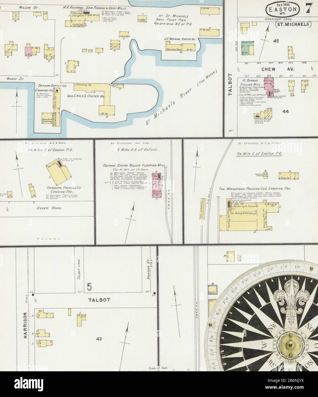 Image 7 of Sanborn Fire Insurance Map from Easton, Talbot County, Maryland. Sep 1896. 13 Sheet(s). Includes Saint Michaels, Oxford, Trappe, America, street map with a Nineteenth Century compass Stock Photo