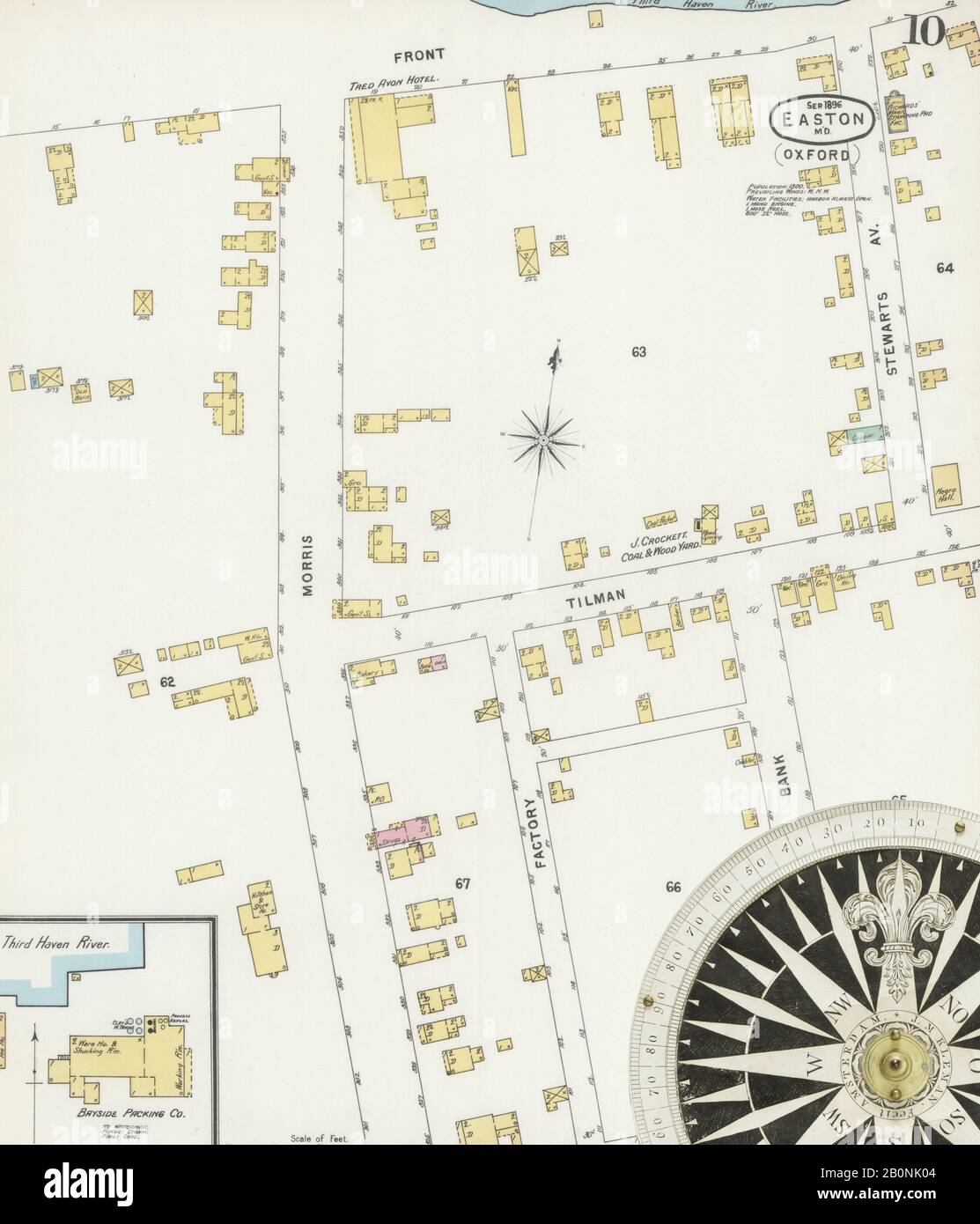 Image 10 of Sanborn Fire Insurance Map from Easton, Talbot County, Maryland. Sep 1896. 13 Sheet(s). Includes Saint Michaels, Oxford, Trappe, America, street map with a Nineteenth Century compass Stock Photo