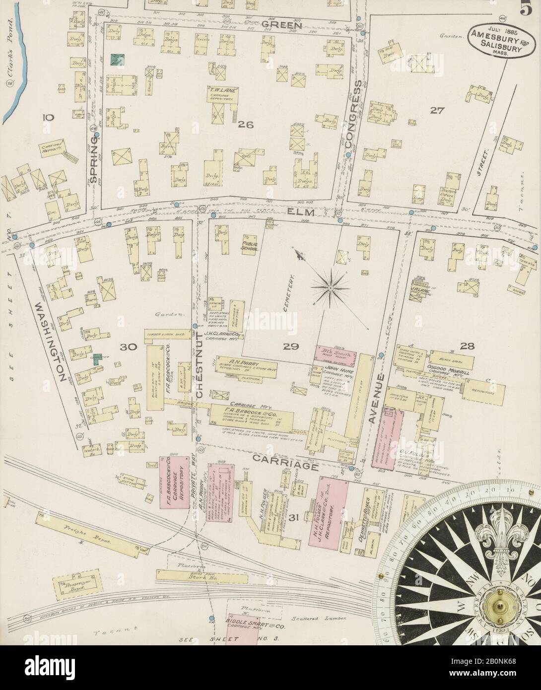 Image 5 of Sanborn Fire Insurance Map from Amesbury, Essex County, Massachusetts. Jul 1885. 8 Sheet(s). Includes Salisbury, America, street map with a Nineteenth Century compass Stock Photo