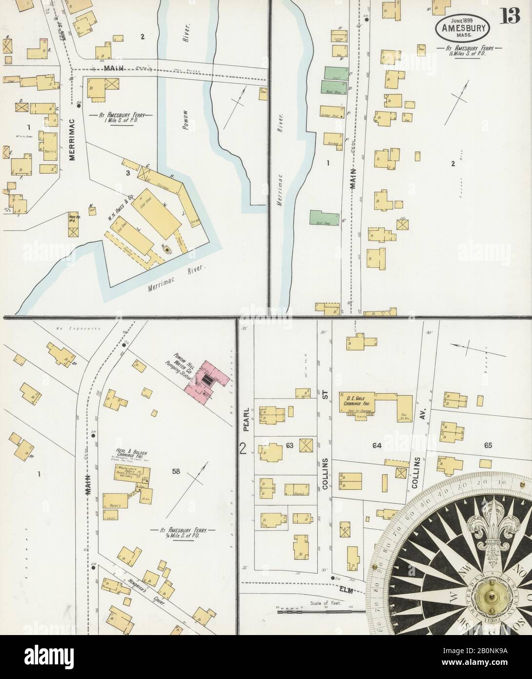 Image 13 of Sanborn Fire Insurance Map from Amesbury, Essex County, Massachusetts. Jun 1899. 14 Sheet(s), America, street map with a Nineteenth Century compass Stock Photo