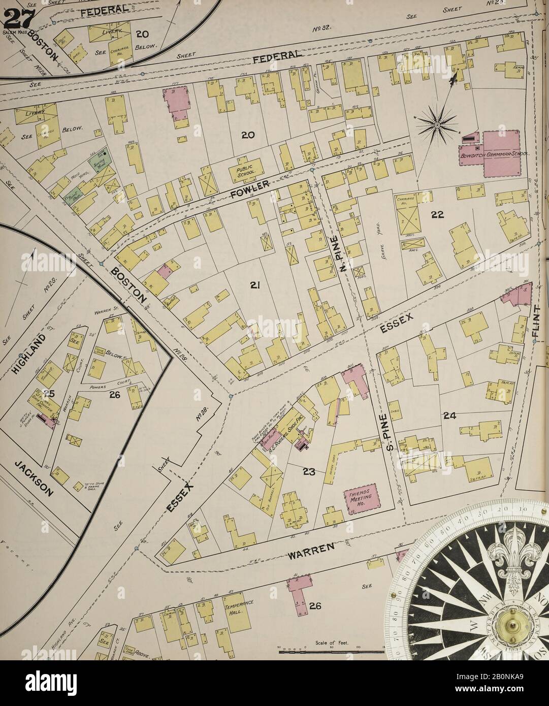 Image 30 of Sanborn Fire Insurance Map from Salem, Essex County, Massachusetts. Mar 1890. 43 Sheet(s). 2 skeleton maps, America, street map with a Nineteenth Century compass Stock Photo