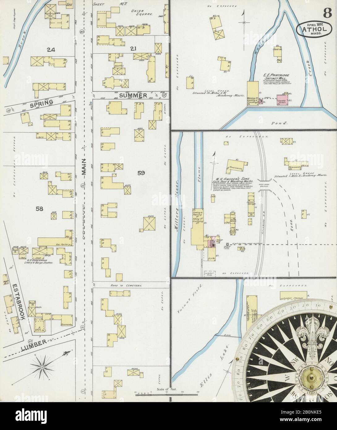 Image 8 of Sanborn Fire Insurance Map from Athol, Worcester County, Massachusetts. Apr 1892. 10 Sheet(s), America, street map with a Nineteenth Century compass Stock Photo