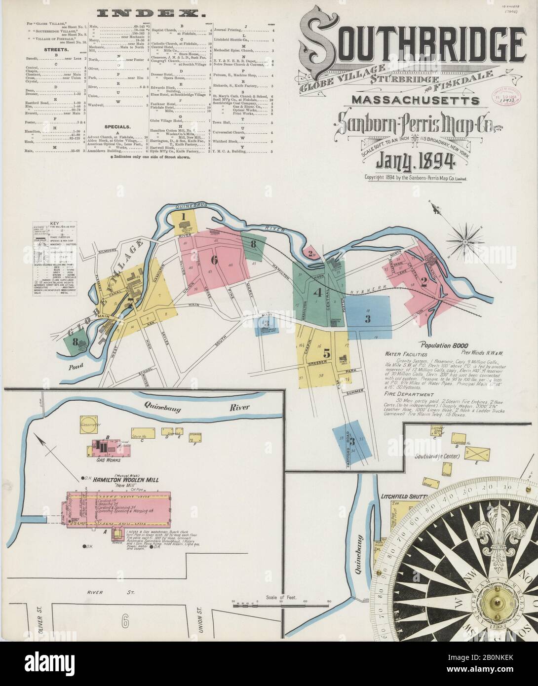 Image 1 of Sanborn Fire Insurance Map from Southbridge, Worcester County, Massachusetts. Jan 1894. 10 Sheet(s). Includes Globe Village, Sturbridge, Fiskdale, America, street map with a Nineteenth Century compass Stock Photo