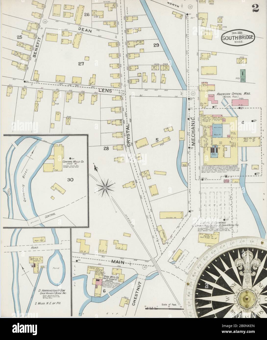 Image 2 of Sanborn Fire Insurance Map from Southbridge, Worcester County, Massachusetts. Jan 1894. 10 Sheet(s). Includes Globe Village, Sturbridge, Fiskdale, America, street map with a Nineteenth Century compass Stock Photo