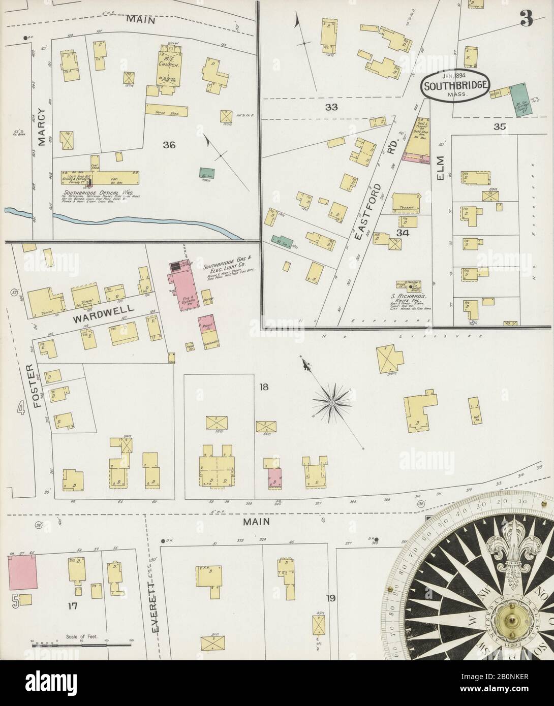 Image 3 of Sanborn Fire Insurance Map from Southbridge, Worcester County, Massachusetts. Jan 1894. 10 Sheet(s). Includes Globe Village, Sturbridge, Fiskdale, America, street map with a Nineteenth Century compass Stock Photo