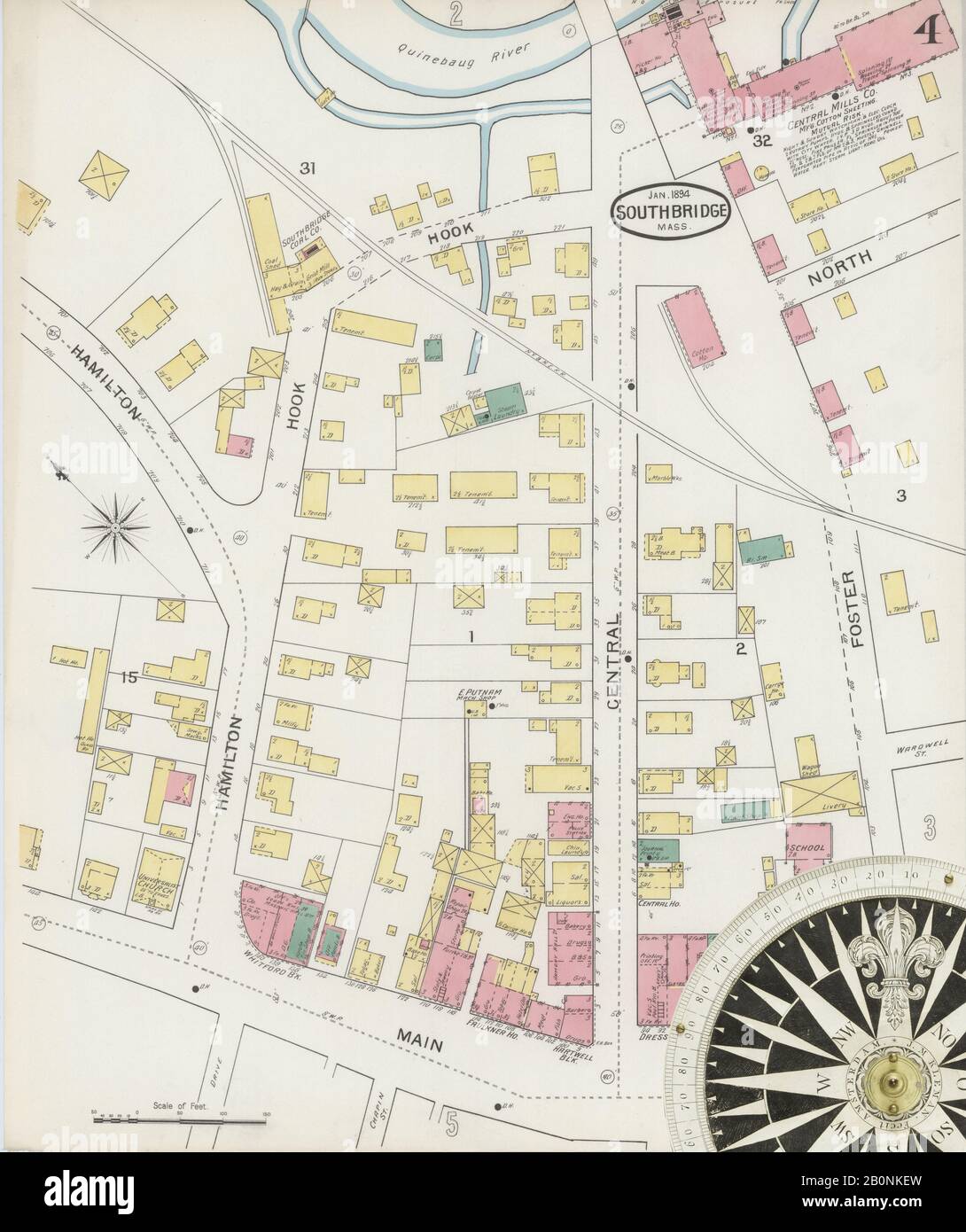 Image 4 of Sanborn Fire Insurance Map from Southbridge, Worcester County, Massachusetts. Jan 1894. 10 Sheet(s). Includes Globe Village, Sturbridge, Fiskdale, America, street map with a Nineteenth Century compass Stock Photo