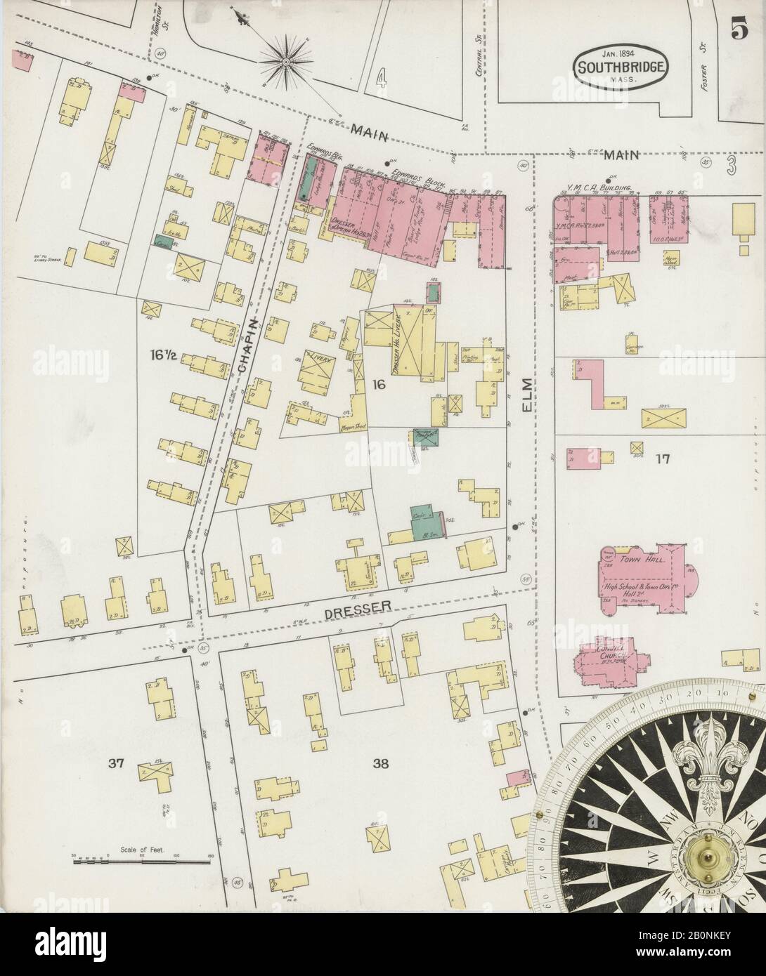 Image 5 of Sanborn Fire Insurance Map from Southbridge, Worcester County, Massachusetts. Jan 1894. 10 Sheet(s). Includes Globe Village, Sturbridge, Fiskdale, America, street map with a Nineteenth Century compass Stock Photo