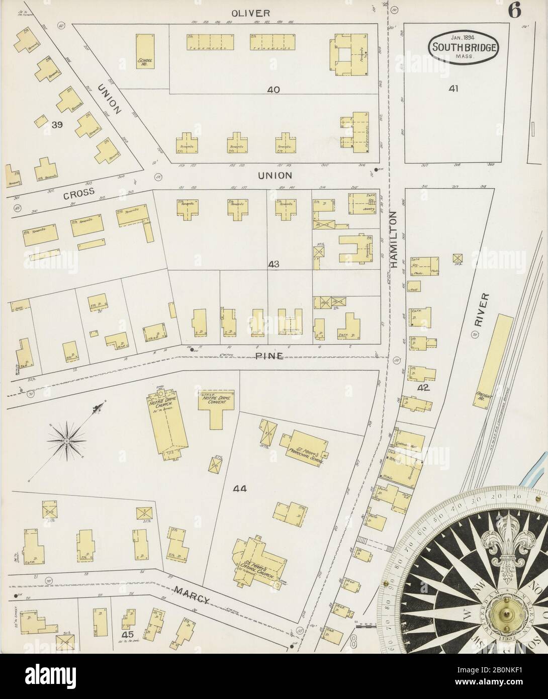 Image 6 of Sanborn Fire Insurance Map from Southbridge, Worcester County, Massachusetts. Jan 1894. 10 Sheet(s). Includes Globe Village, Sturbridge, Fiskdale, America, street map with a Nineteenth Century compass Stock Photo