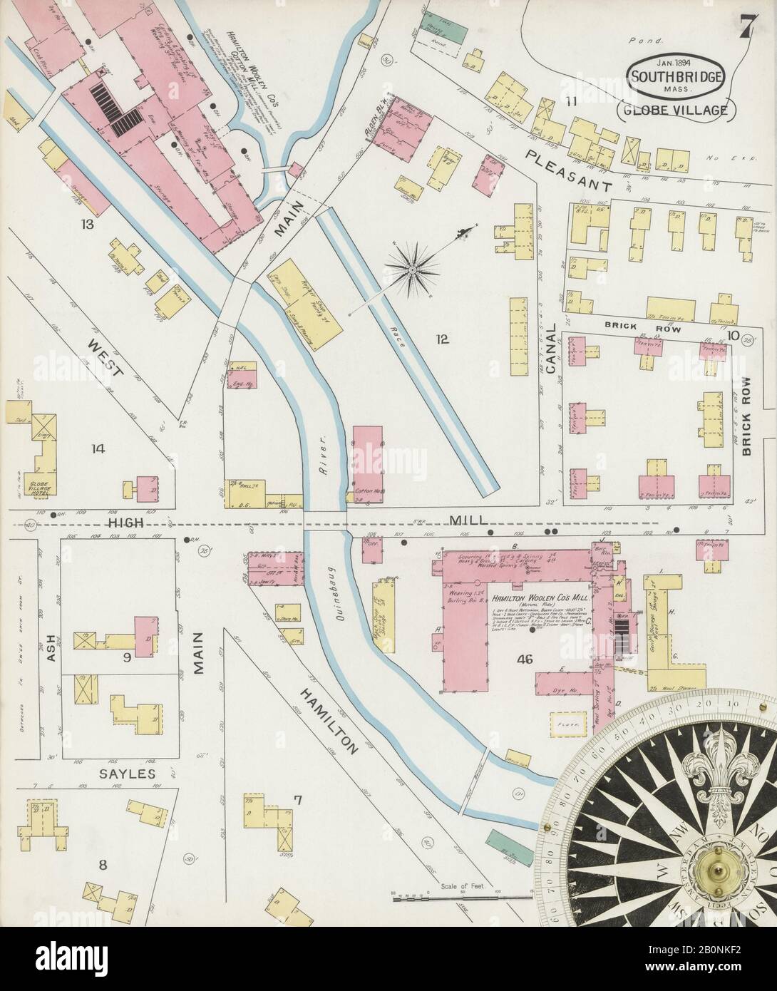 Image 7 of Sanborn Fire Insurance Map from Southbridge, Worcester County, Massachusetts. Jan 1894. 10 Sheet(s). Includes Globe Village, Sturbridge, Fiskdale, America, street map with a Nineteenth Century compass Stock Photo
