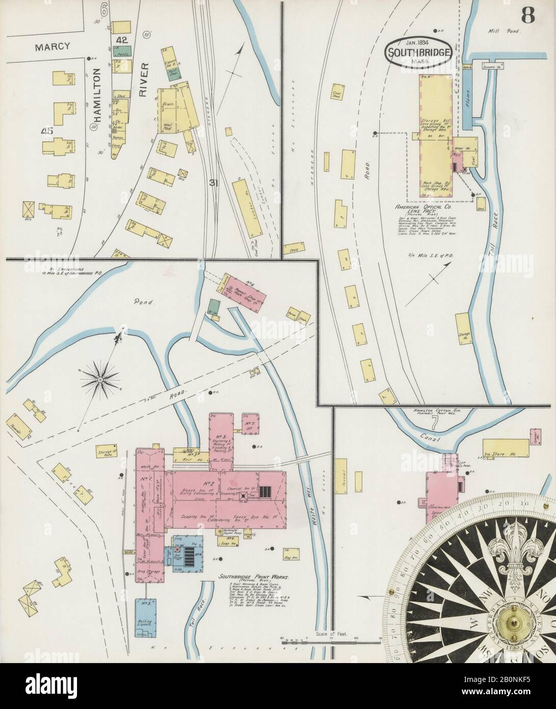 Image 8 of Sanborn Fire Insurance Map from Southbridge, Worcester County, Massachusetts. Jan 1894. 10 Sheet(s). Includes Globe Village, Sturbridge, Fiskdale, America, street map with a Nineteenth Century compass Stock Photo