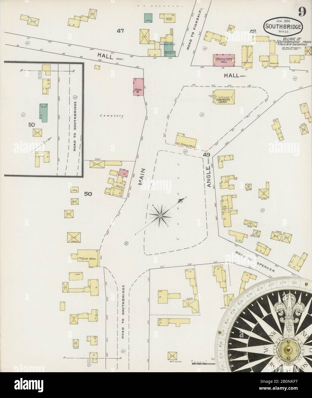 Image 9 of Sanborn Fire Insurance Map from Southbridge, Worcester County, Massachusetts. Jan 1894. 10 Sheet(s). Includes Globe Village, Sturbridge, Fiskdale, America, street map with a Nineteenth Century compass Stock Photo