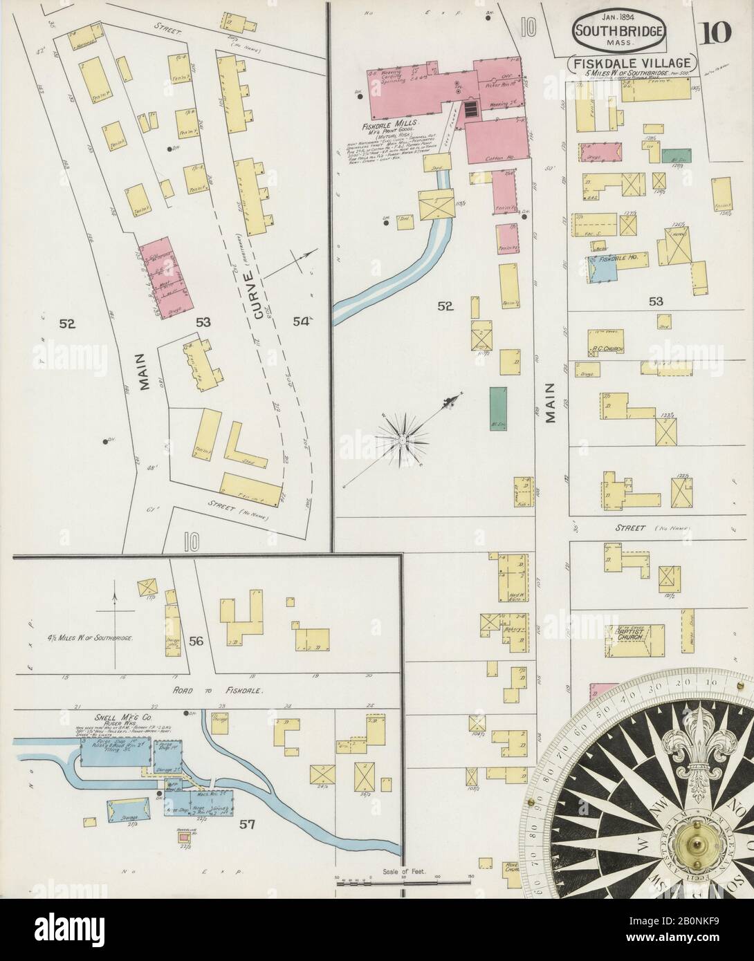 Image 10 of Sanborn Fire Insurance Map from Southbridge, Worcester County, Massachusetts. Jan 1894. 10 Sheet(s). Includes Globe Village, Sturbridge, Fiskdale, America, street map with a Nineteenth Century compass Stock Photo