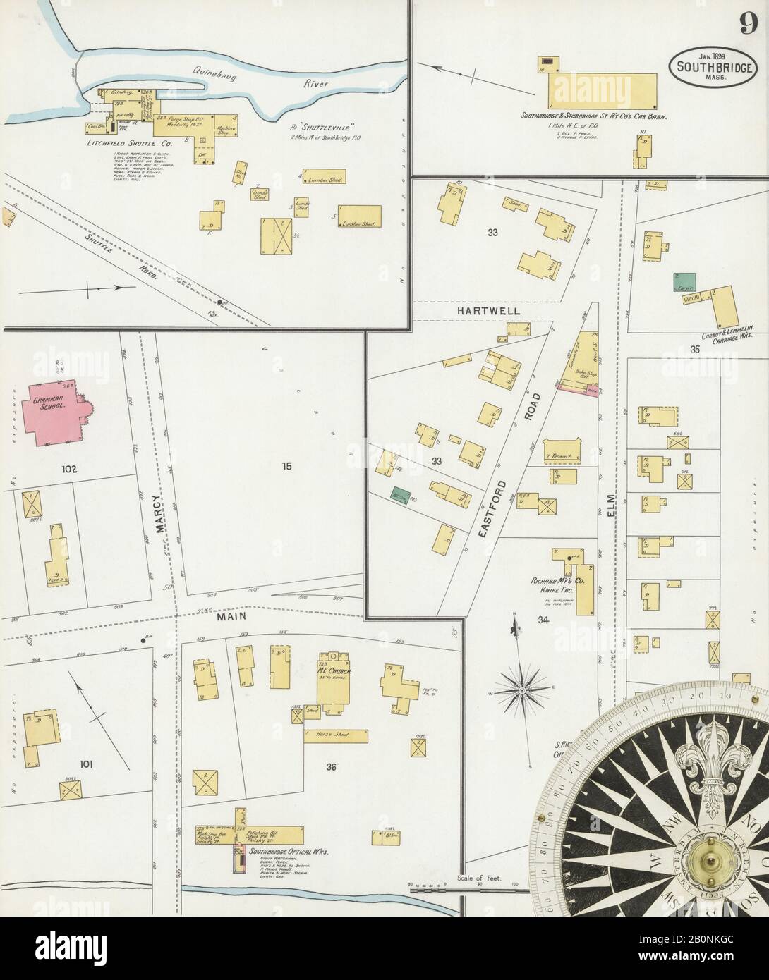 Image 9 of Sanborn Fire Insurance Map from Southbridge, Worcester County, Massachusetts. Jan 1899. 11 Sheet(s), America, street map with a Nineteenth Century compass Stock Photo