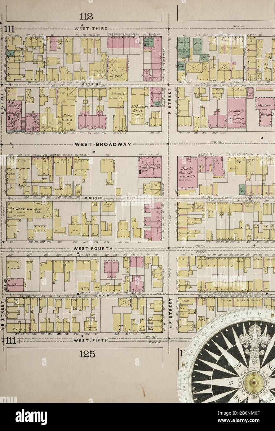 Image 37 of Sanborn Fire Insurance Map from Boston, Suffolk County, Massachusetts. Vol. 4, 1888. 75 Sheet(s). Includes Part of Dorchester. Double-paged plates numbered 106-141. Bound, America, street map with a Nineteenth Century compass Stock Photo