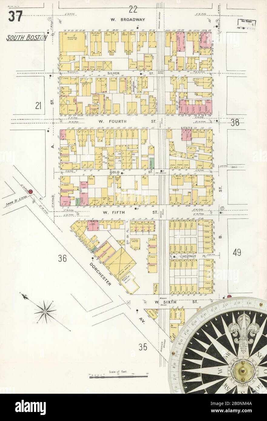 Image 40 of Sanborn Fire Insurance Map from Boston, Suffolk County, Massachusetts. Vol. 4, 1899. 109 Sheet(s). 2 skeleton maps. Bound, America, street map with a Nineteenth Century compass Stock Photo