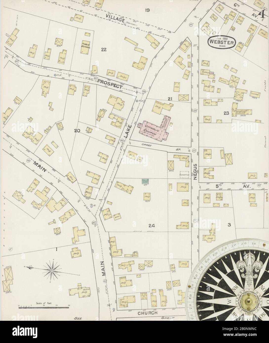 Image 4 of Sanborn Fire Insurance Map from Webster, Worcester County, Massachusetts. Feb 1888. 5 Sheet(s), America, street map with a Nineteenth Century compass Stock Photo