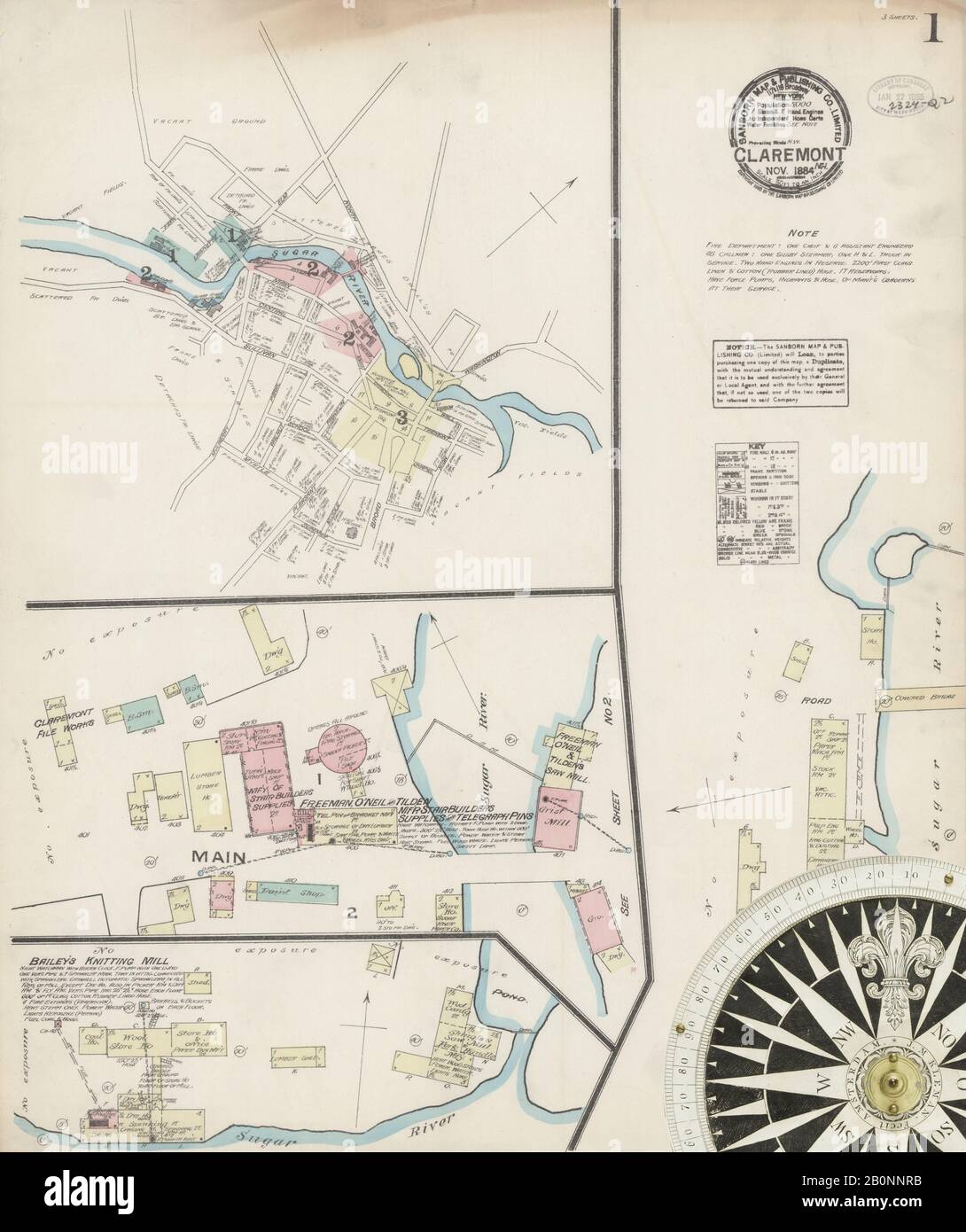 Image 1 of Sanborn Fire Insurance Map from Claremont, Sullivan County, New Hampshire. Nov 1884. 3 Sheet(s), America, street map with a Nineteenth Century compass Stock Photo